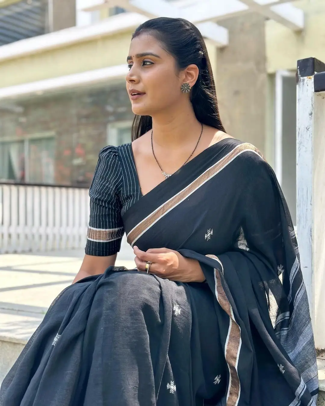 Indian Girl Kavya Shree In Traditional Black Saree Blouse